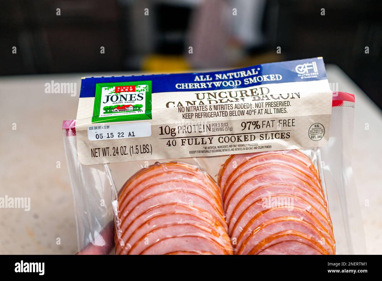 Naples, USA February 26, 2022 Canadian bacon deli slices, sliced