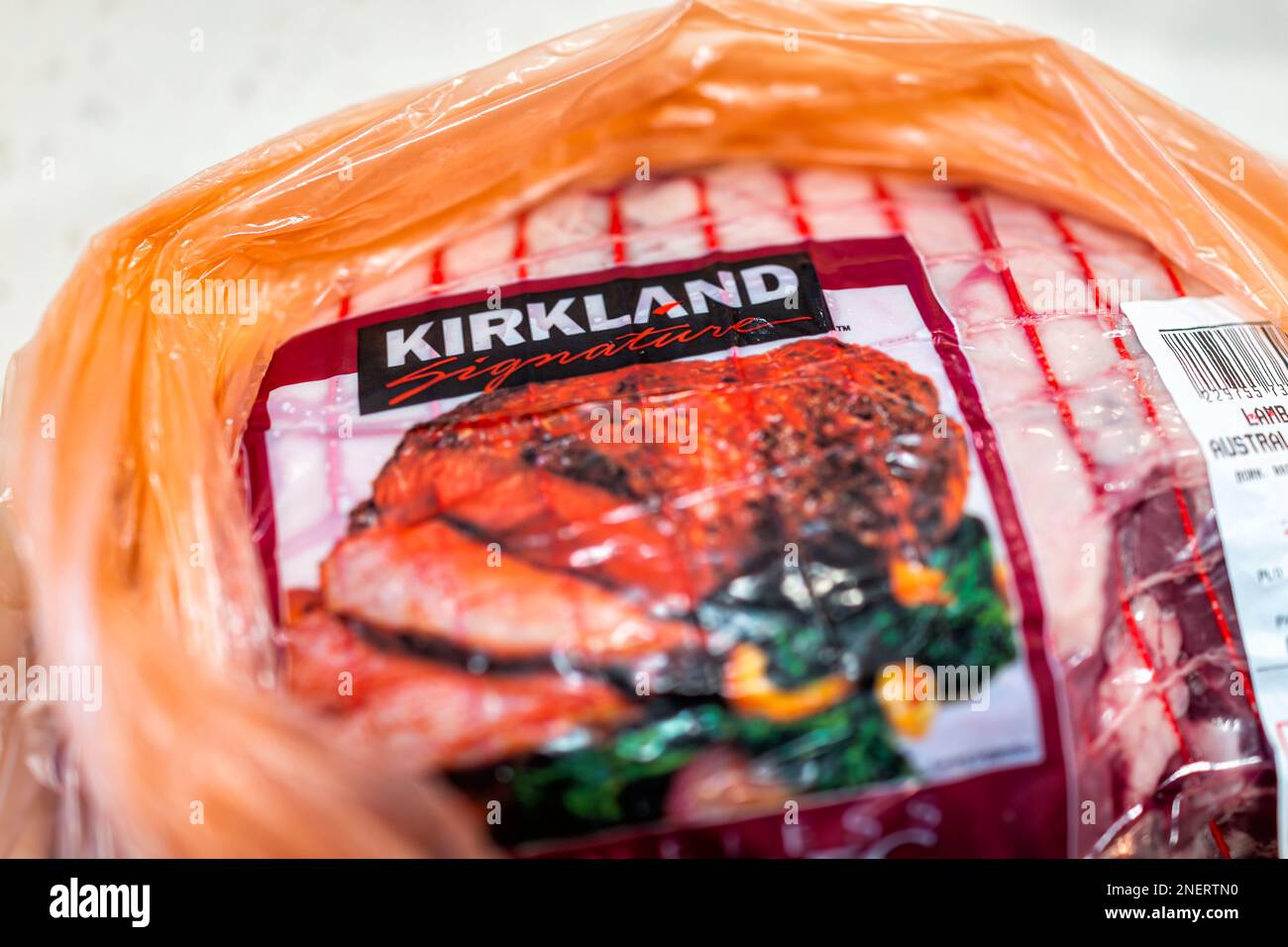 Naples, USA - February 22, 2022: Lamb boneless leg meat mutton by Costco Kirkland signature private label brand in plastic bag, raw uncooked food Stock Photo