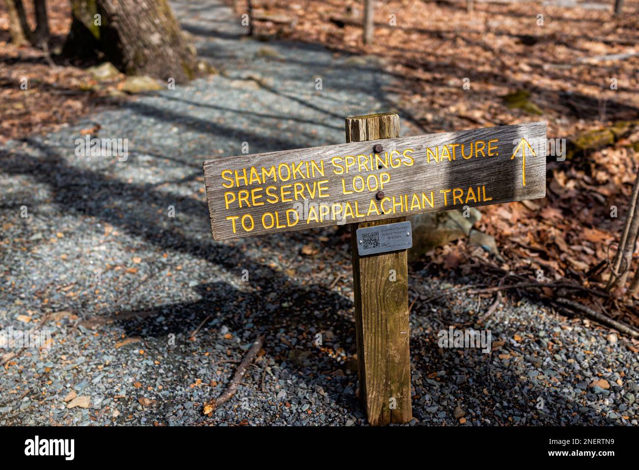 Wintergreen, USA - March 18, 2022: Virginia ski resort in Blue Ridge mountains with sign for Shamokin Springs Nature Preserve Loop hiking to old Appal Stock Photo