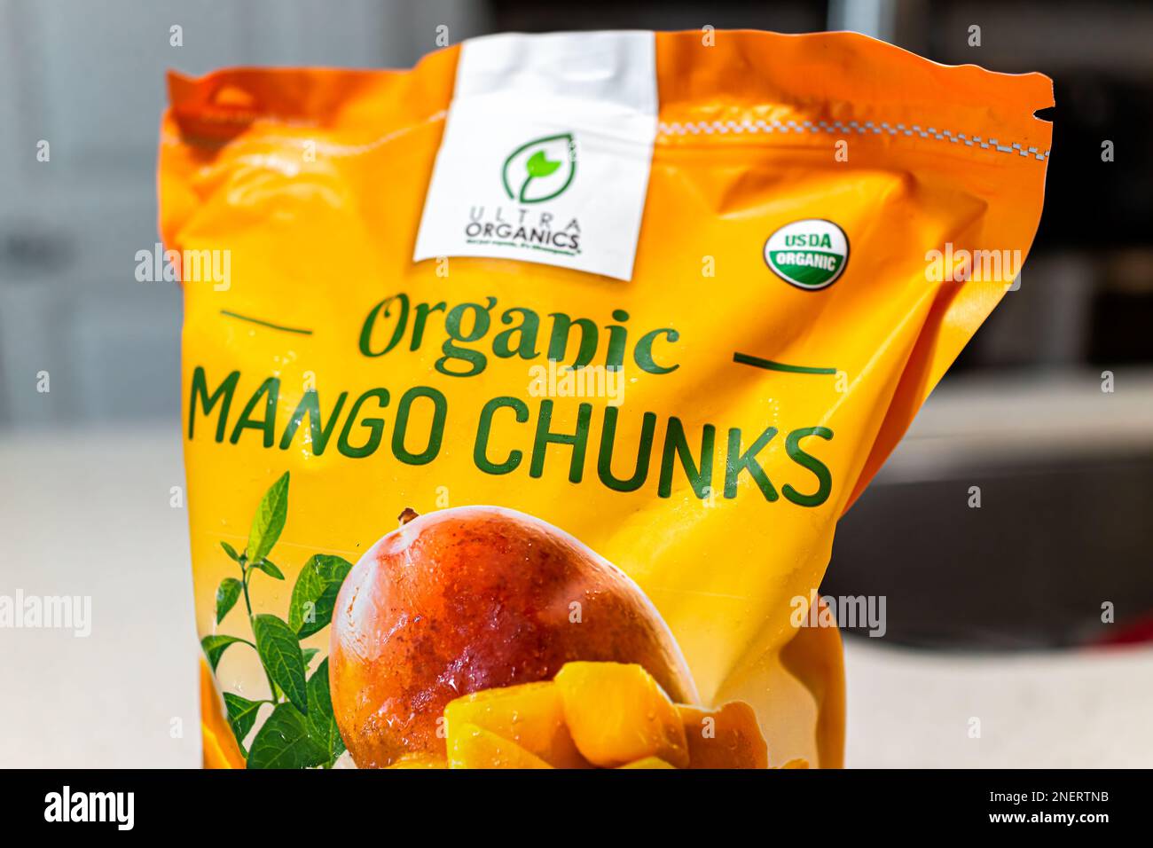 Naples, USA April 22, 2022 Closeup macro of organic package of