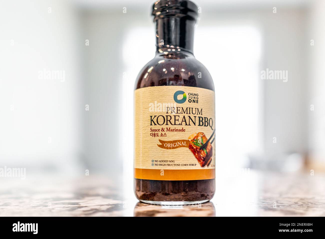 Avon, USA - June 17, 2022: Closeup of original premium Korean bbq barbecue sauce glass bottle by Chung Jung One with no msg or corn syrup Stock Photo