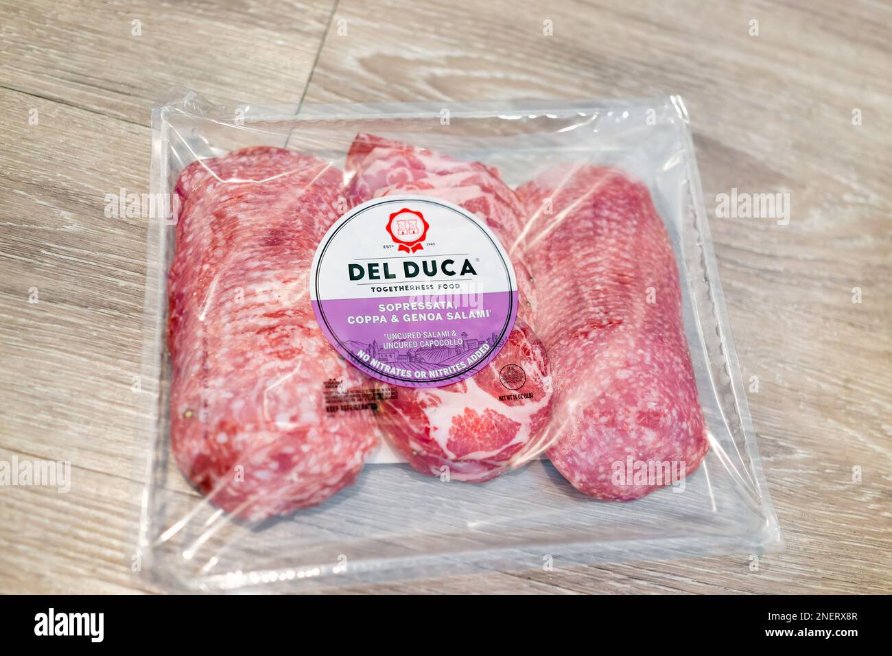 Naples, USA - May 17, 2022: Sign label for product for Del Duca cured salami slices with uncured sopressata, coppa and genoa salami with no nitrites Stock Photo