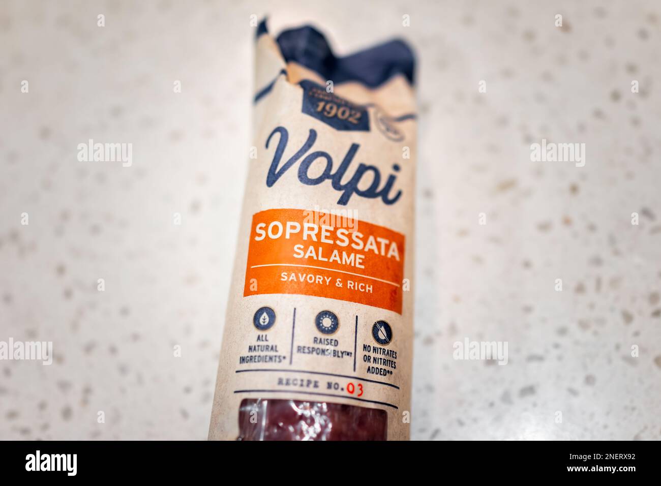 Naples, USA - May 24, 2022: Closeup macro of Volpi sopressata salame brand label sign text for salami sausage with no nitrates Stock Photo