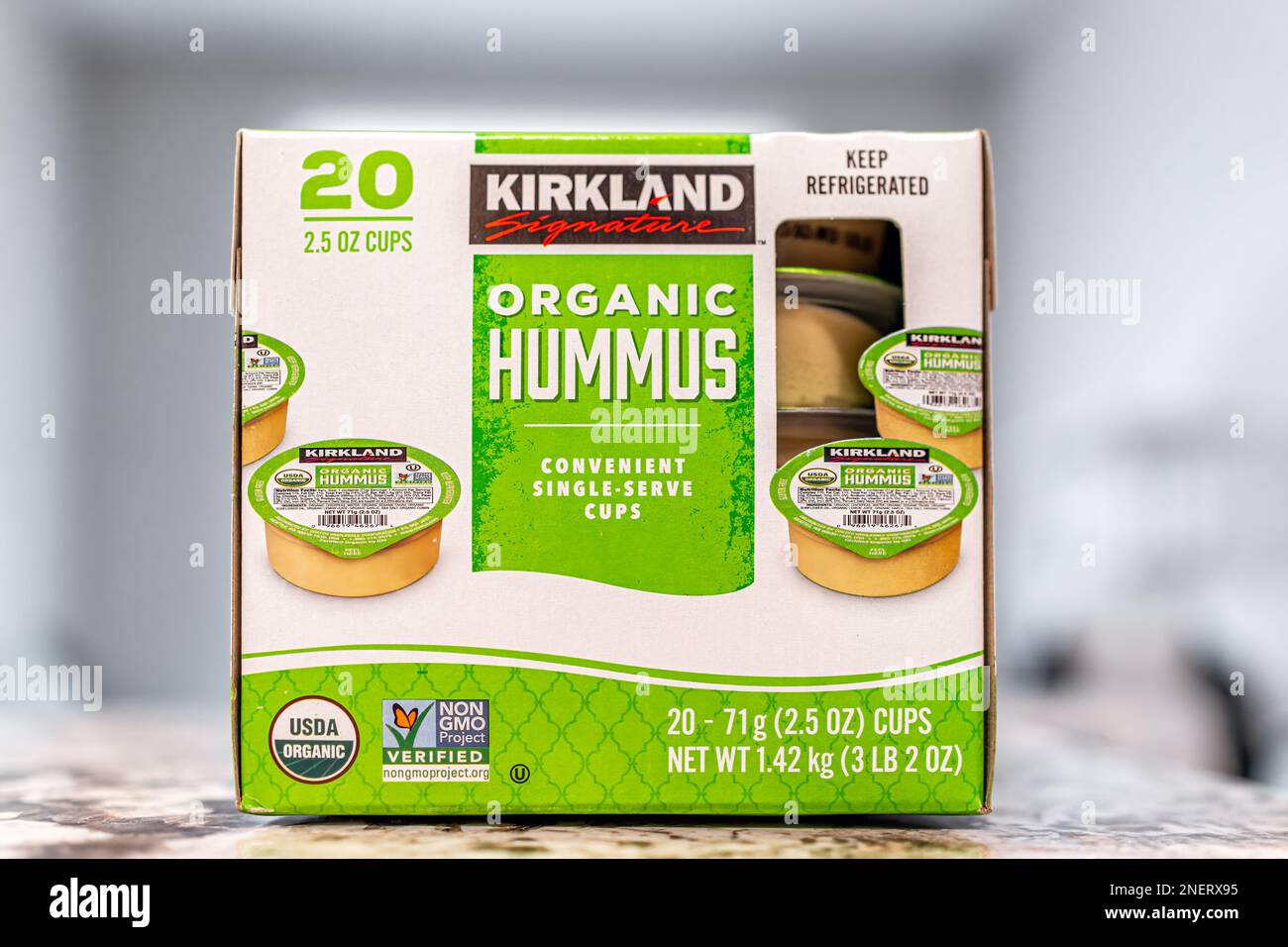 Avon, USA June 17, 2022 Closeup macro of Kirkland Signature brand Costco bulk food of organic