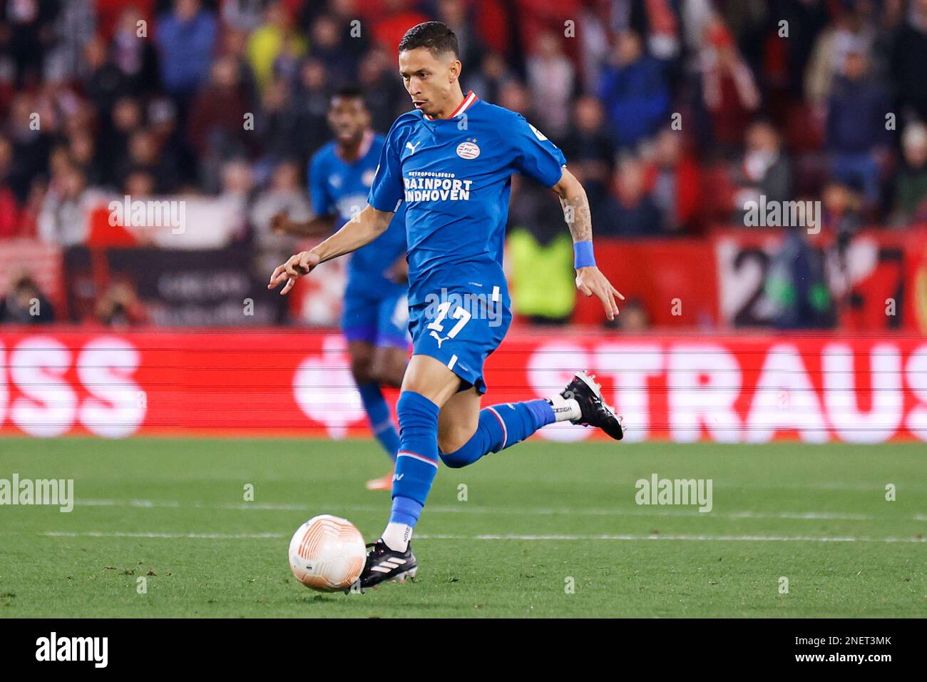 Seville, Spain. 16th Feb, 2023. Mauro Junior (17) of PSV Eindhoven seen during the UEFA Europa League match between Sevilla FC and PSV Eindhoven at Estadio Ramon Sanchez Pizjuan in Seville. (Photo Credit: Gonzales Photo/Alamy Live News Stock Photo