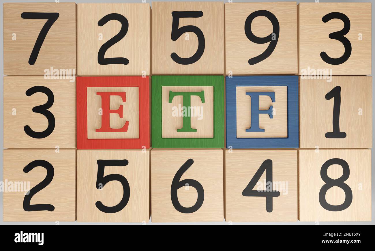 Numerical wooden blocks surrounding alphabetic ETF toy pieces. Illustration of the concept of exchange-traded fund investment and selection Stock Photo