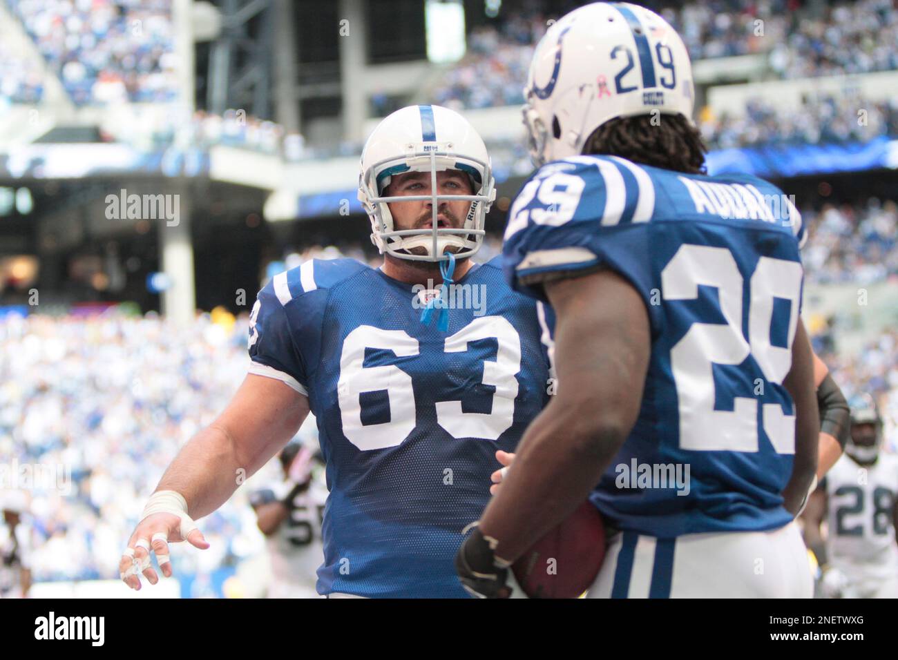 Oakland, California, USA. 26th Dec, 2010. Indianapolis Colts center Jeff  Saturday #63 check on guard Kyle DeVan #66 after penalty on Sunday, December  26, 2010, at Oakland-Alameda County Coliseum in Oakland, California.