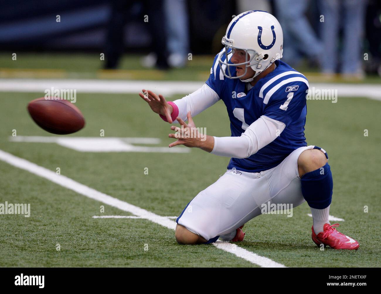 Indianapolis Colts punter Pat McAfee catches the football during warm ups  before the start of an NFL football game against the Seattle Seahawks in  Indianapolis, Sunday, Oct. 4, 2009. (AP Photo/Darron Cummings