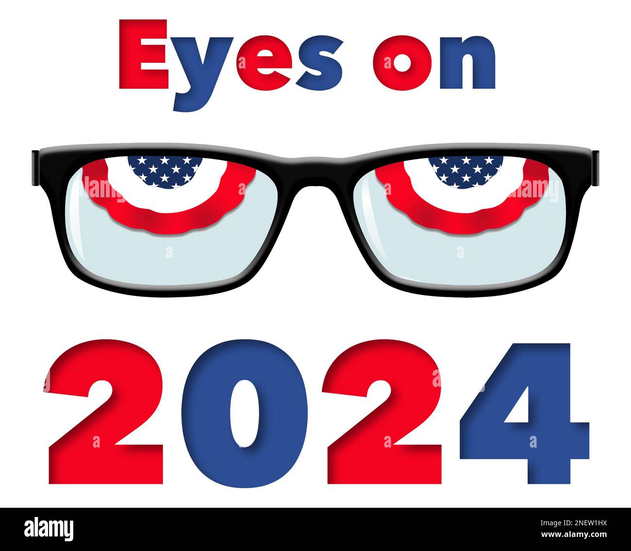 Red, white and blue bunting is seen in eyeglass frames and look like eyes in  a 3-d illustration about keeping eyes on the 2024 election campaigns. Stock Photo