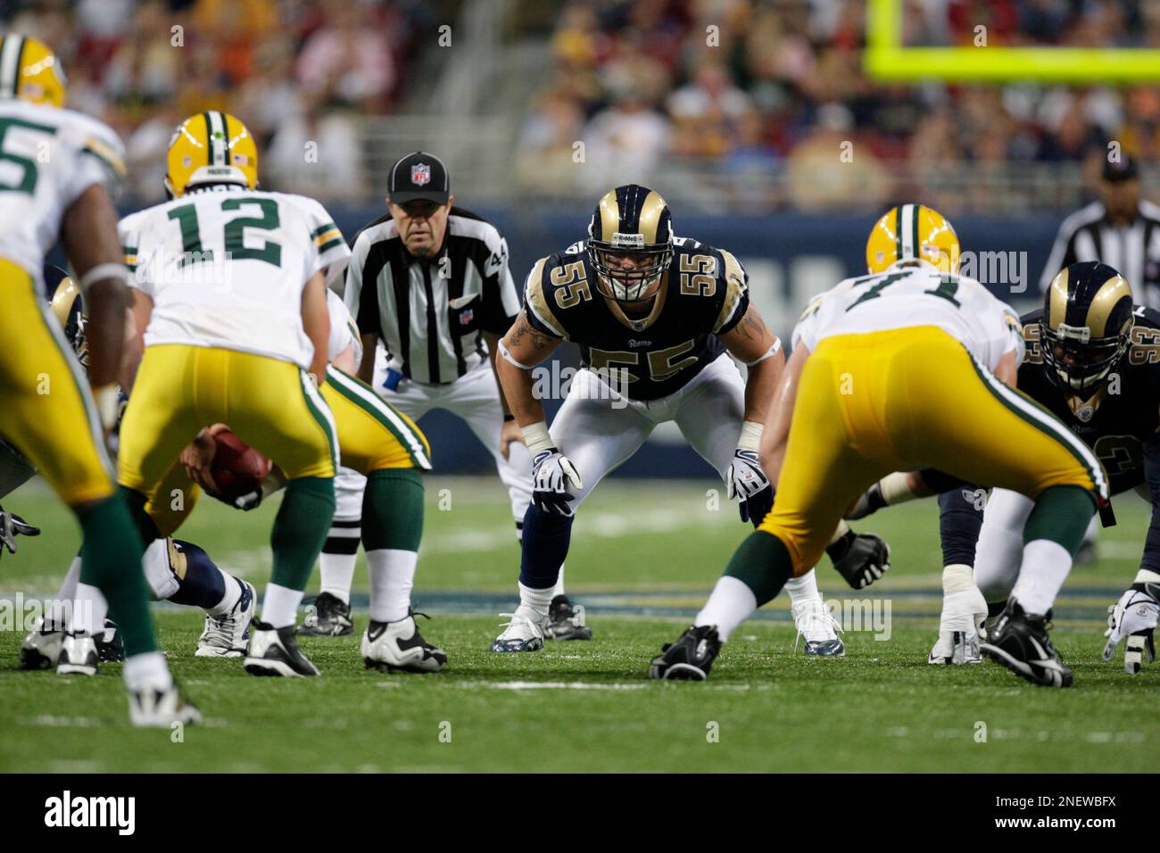 St. Louis Rams linebacker James Laurinaitis (55) takes up his position ...