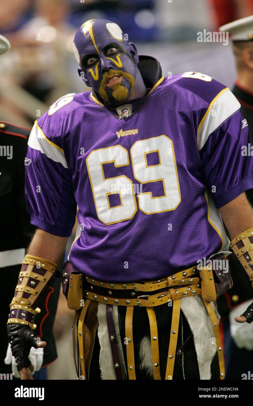 A Minnesota Vikings' fan on the sidelines during warm-ups