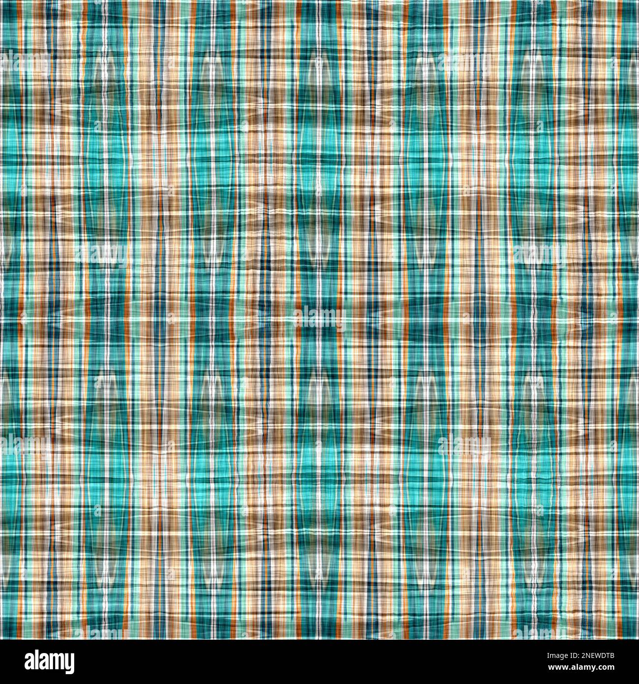 Teal rustic coastal beach house check fabric tile. Seamless sailor flannel textile gingham repeat swatch. Stock Photo