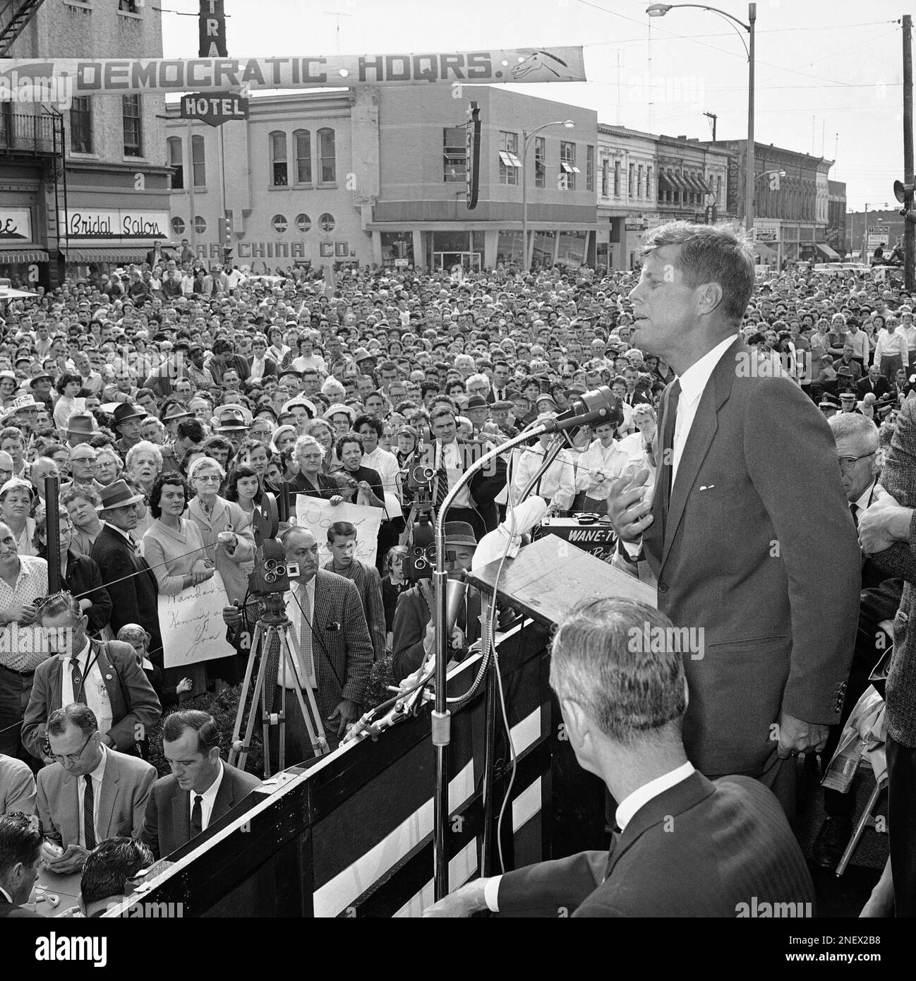 Sen. John Kennedy, Democratic presidential candidate, speaks to a crowd that filled the street
