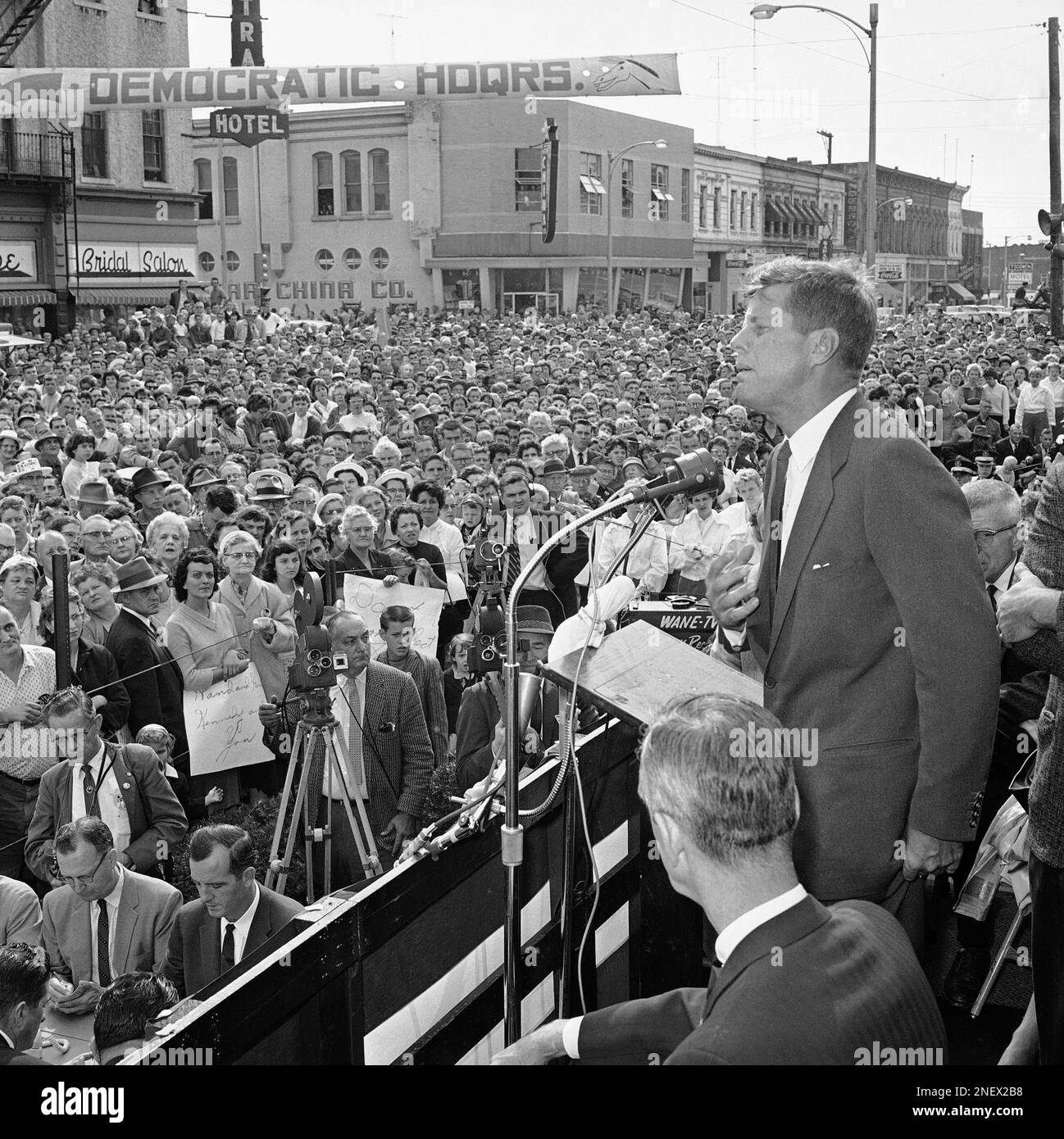 Sen. John Kennedy, Democratic presidential candidate, speaks to a crowd that filled the street in front of the courthouse at Anderson during his campaign tour through Indiana, Oct. 5, 1960 in Anderson, Indiana. (AP Photo) Stock Photo