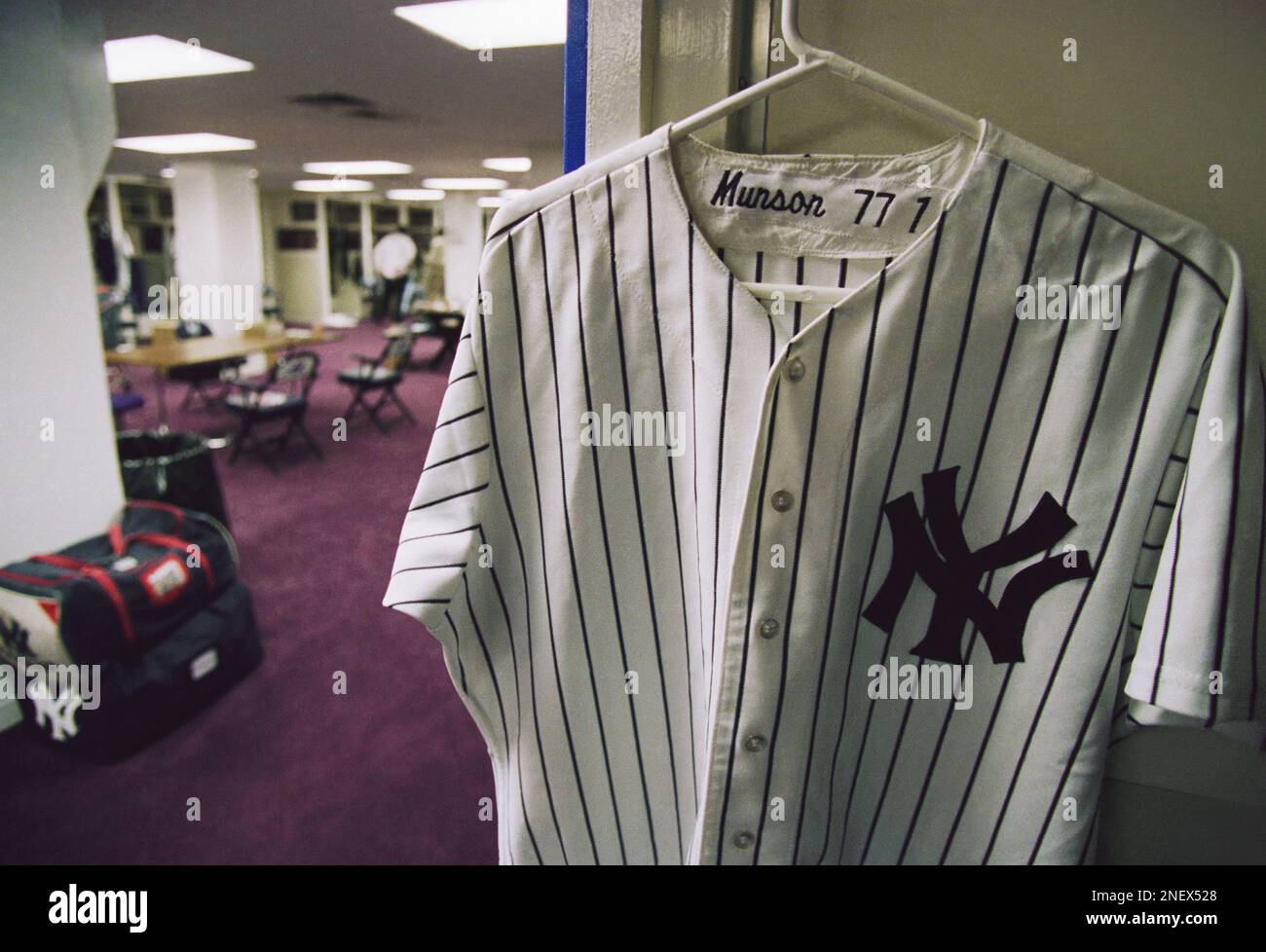 The locker stall and number 15 uniform jersey of New York Yankees catcher  Thurman Munson remain undisturbed in the clubhouse at Yankee Stadium, July  2, 1993, 14 years after he was killed