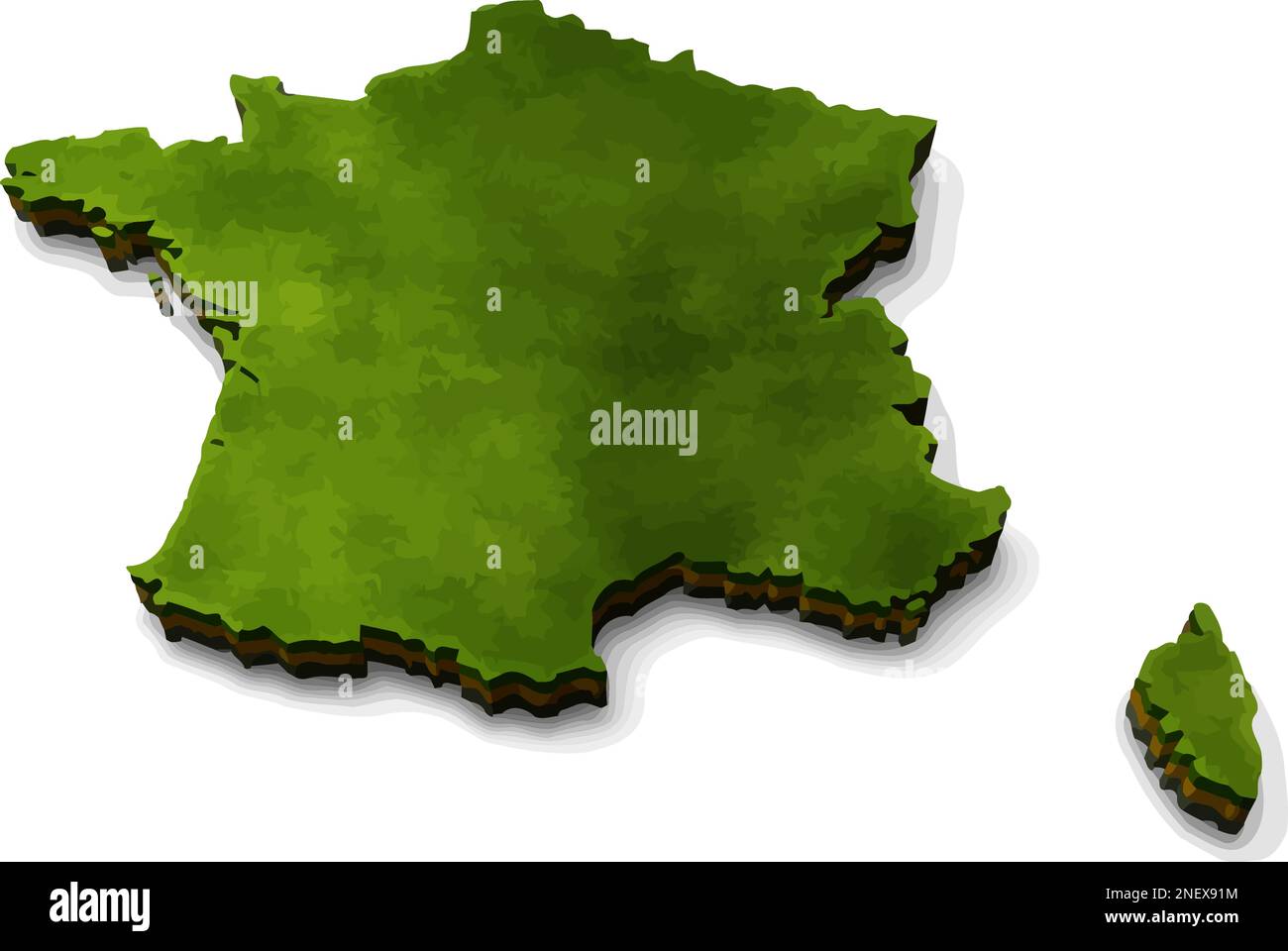 An illustration of a 3D map of France, composed of green fields and brown fields. Stock Vector