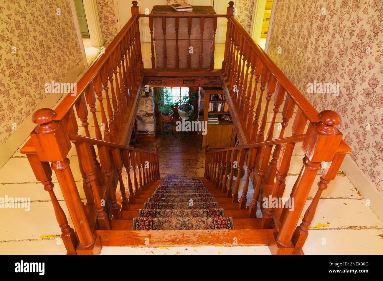 Stained pinewood staircase with rug and railings on upstairs floor