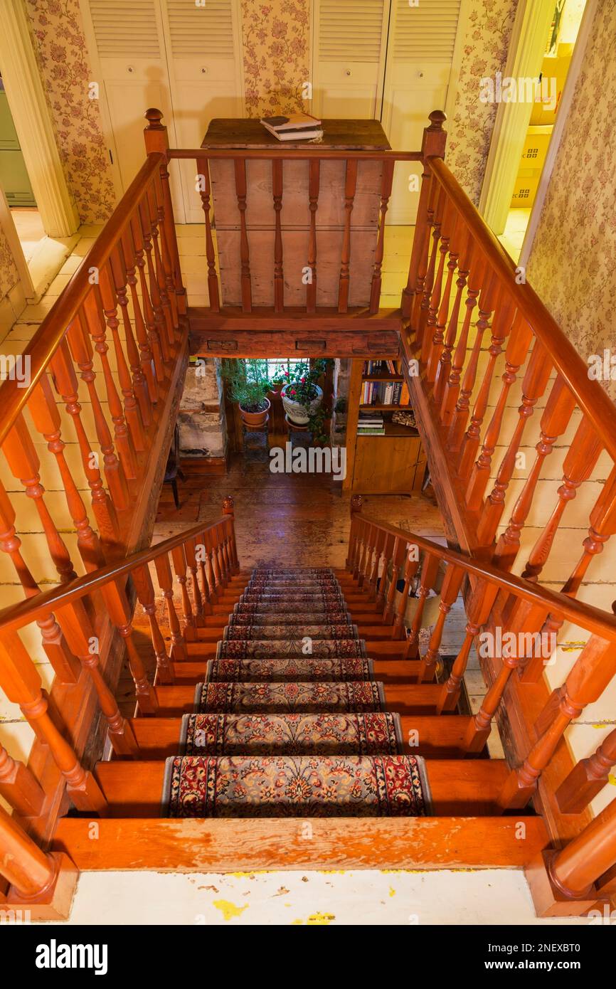 Stained pinewood staircase with rug and railings on upstairs floor