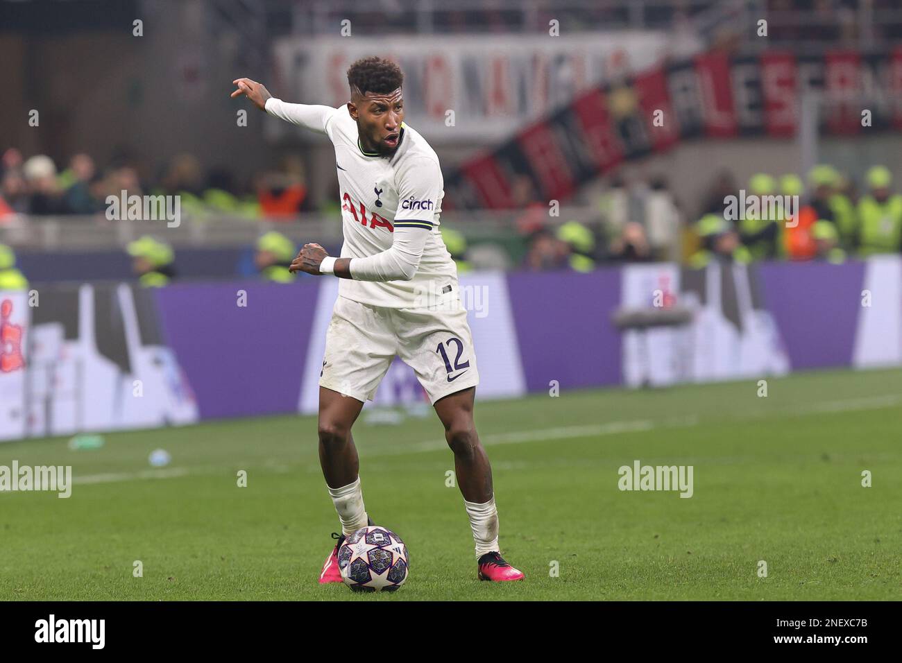 Milan, Italy. 14th Feb, 2023. Italy, Milan, feb 14 2023: Emerson Royal  (Tottenham defender) dribbles in front court in the second half during  soccer game AC MILAN vs TOTTENHAM HOTSPUR, round of