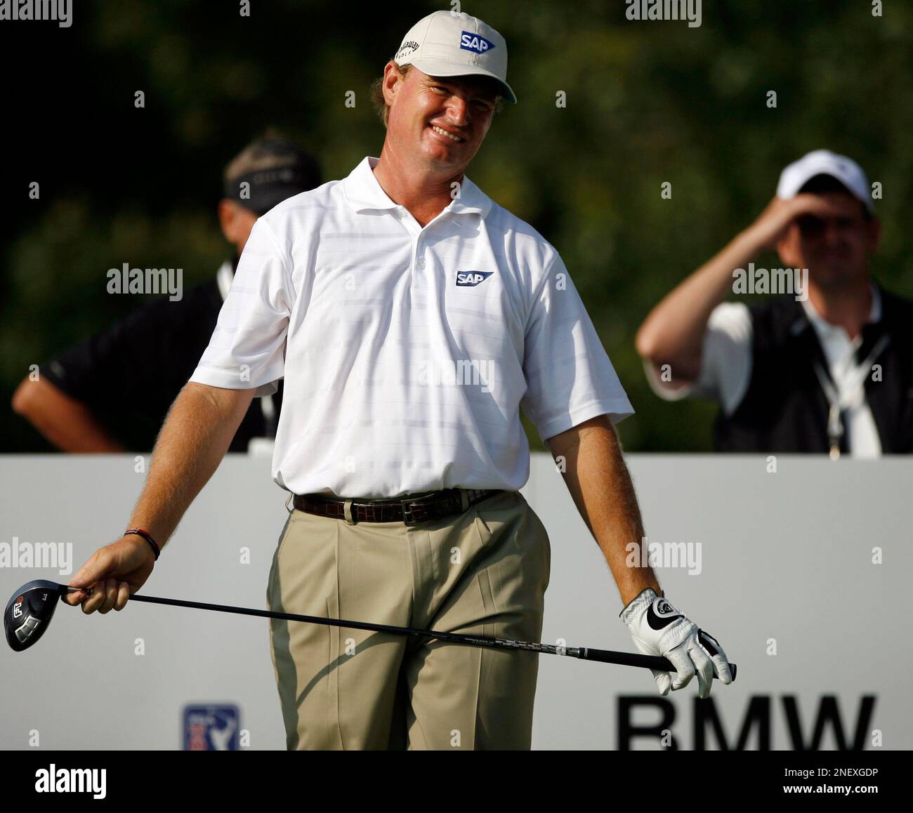 Ernie Els of South Africa, reacts after his tee shot on the 18th hole  during the 47th Chick Evans Memorial Pro-Am at the BMW Championship golf  tournament in Lemont, Ill., Wednesday, Sept.