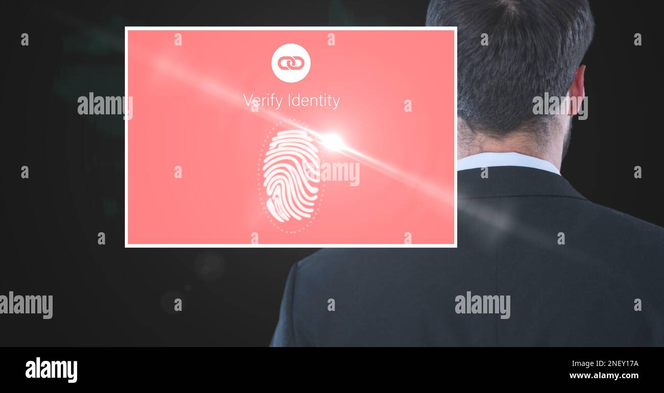 Composition of businessman and screen with biometric fingerprint. global online identity and digital interface concept digitally generated image. Stock Photo