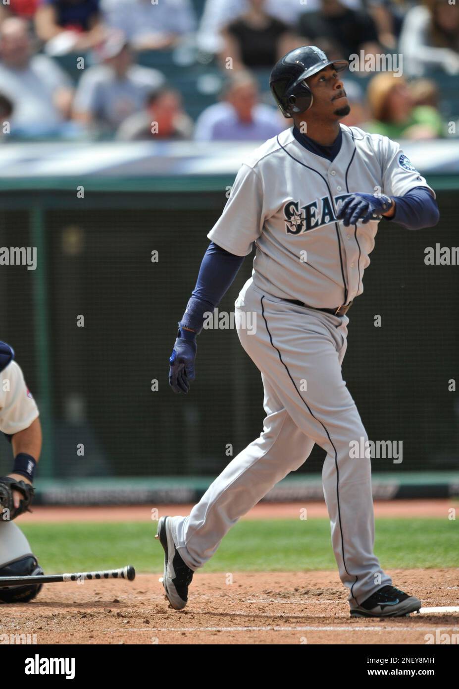 Seattle Mariners' Ken Griffey Jr. watches his 624th career home run during  a baseball game against the Cleveland Indians on Sunday, August 23, 2009,  at Progressive Field in Cleveland, Ohio. (AP Photo/David