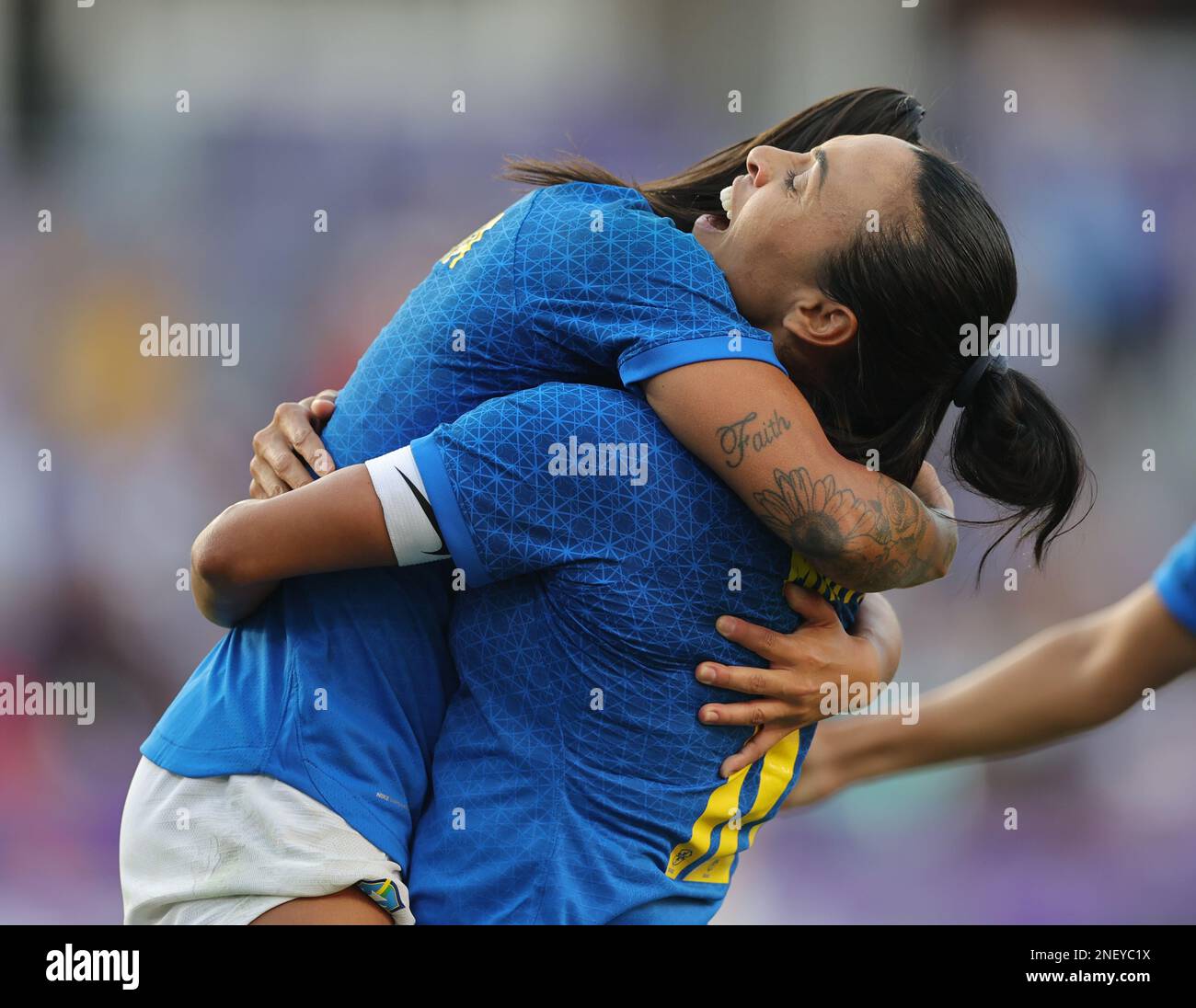 Orlando, Florida, USA. 16th Feb, 2023. Brazil forward DEBINHA (9) hugs