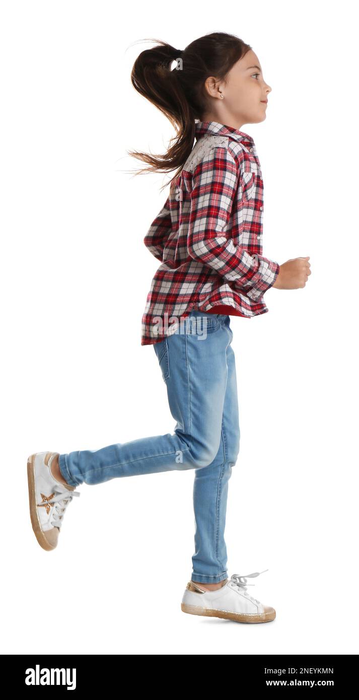 Cute little girl running on white background Stock Photo Alamy