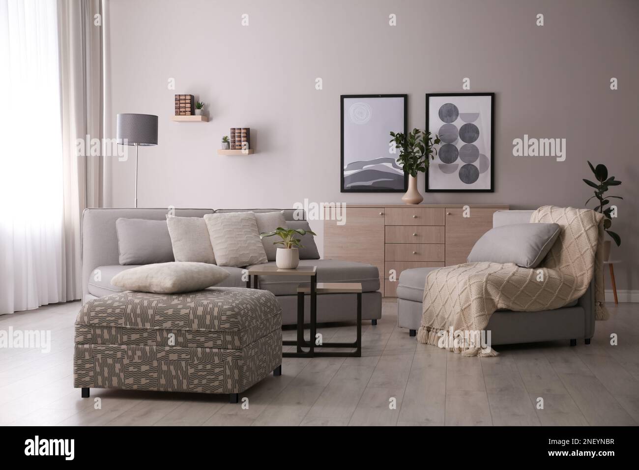 Modern living room interior with comfortable sofa near window Stock