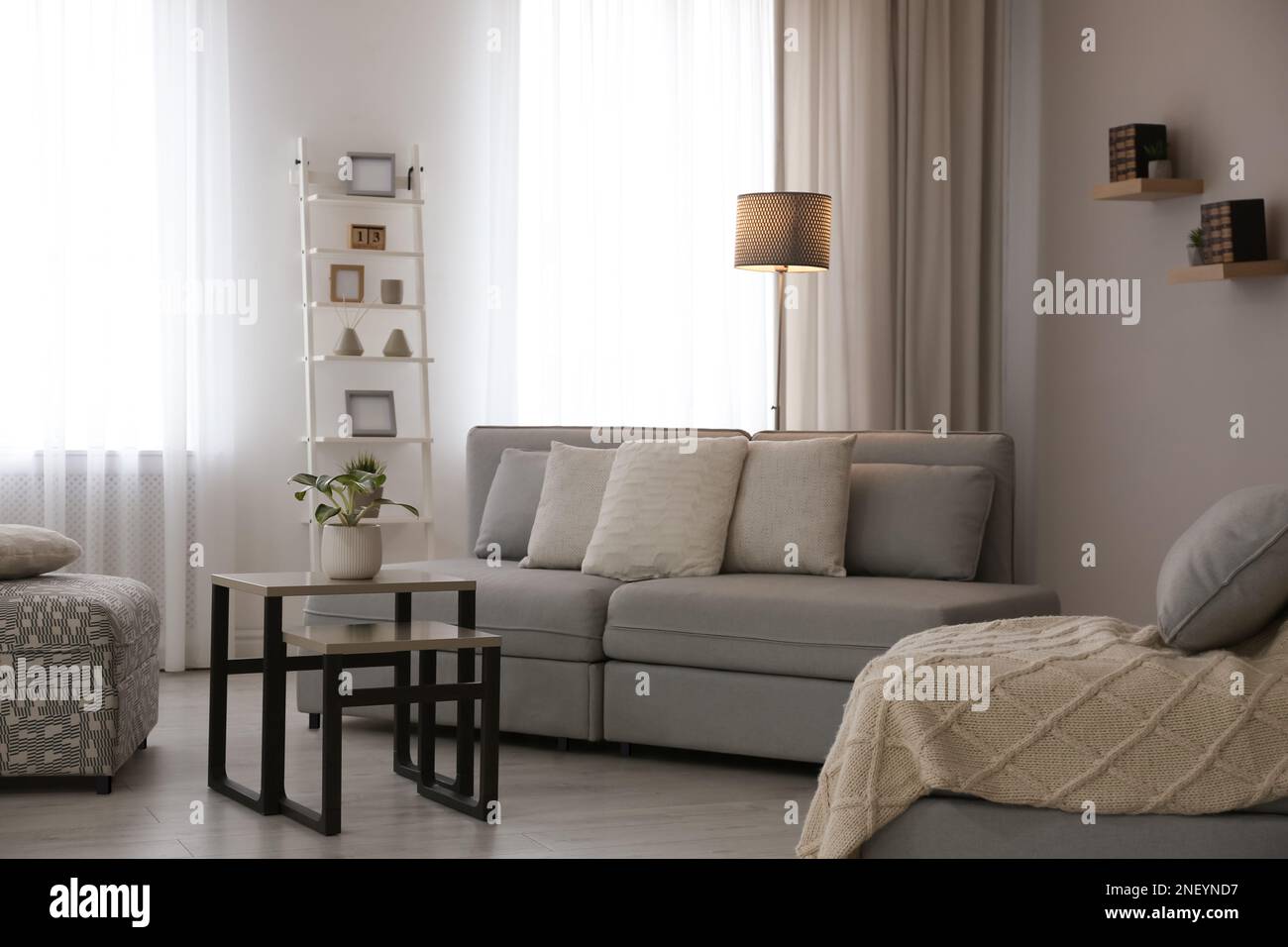 Modern living room interior with comfortable sofa near window Stock