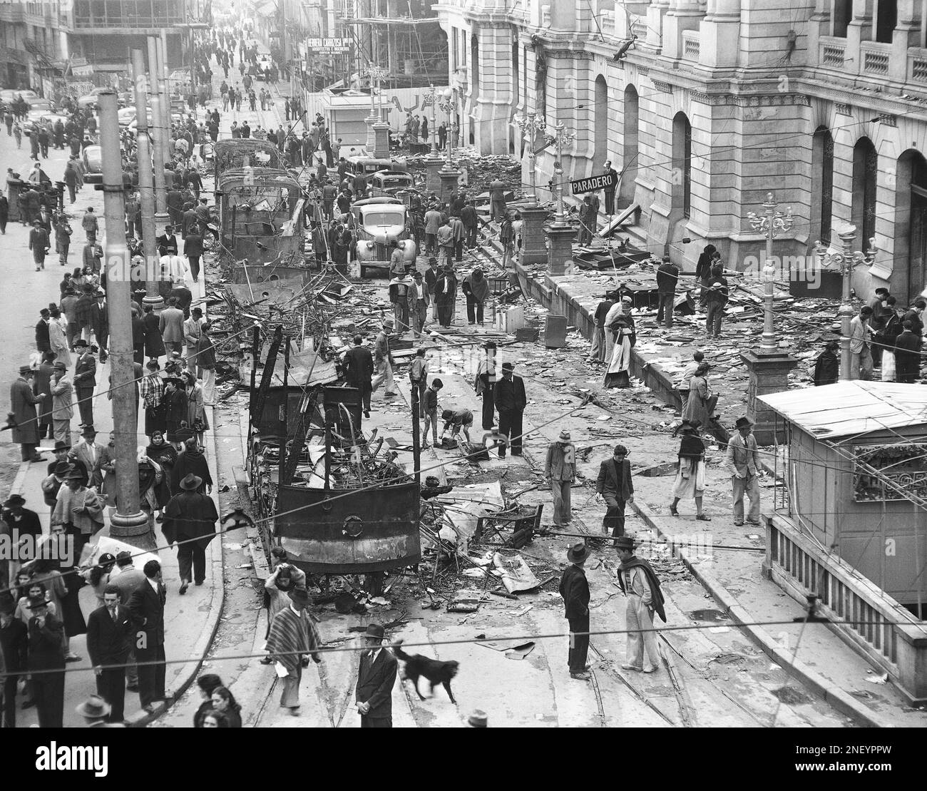 1948 Riots Colombians look over the wrecked and burned downtown section of Bogota ...