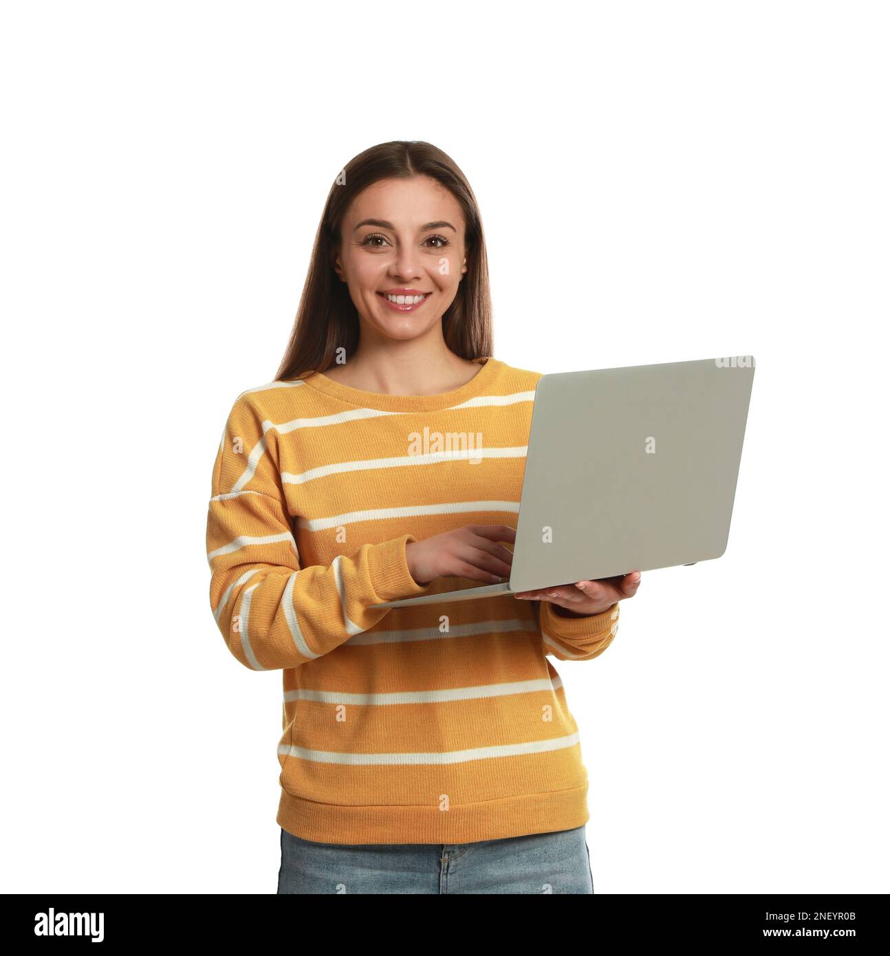 Young woman with modern laptop on white background Stock Photo - Alamy