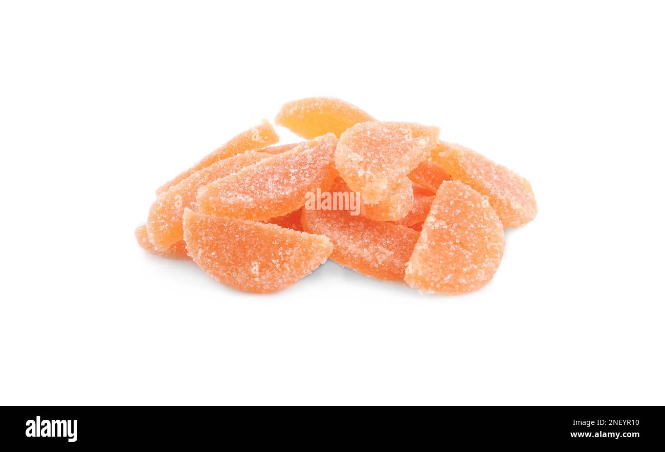 Sweet orange jelly candies on white background Stock Photo Alamy