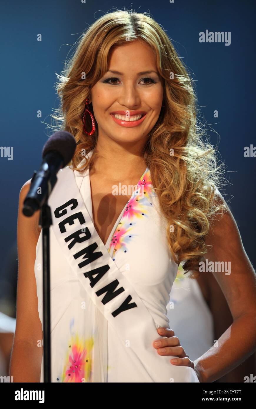 Miss Germany Martina Lee introduces herself during the opening event of the 2009 Miss Universe Preliminary Competition, at Atlantis, Paradise Island, Bahamas, Sunday, Aug. 16, 2009. During the Aug. 23 final pageant, Miss Universe will be picked from among contestants from 84 countries. (AP Photo/Brennan Linsley) Stock Photo