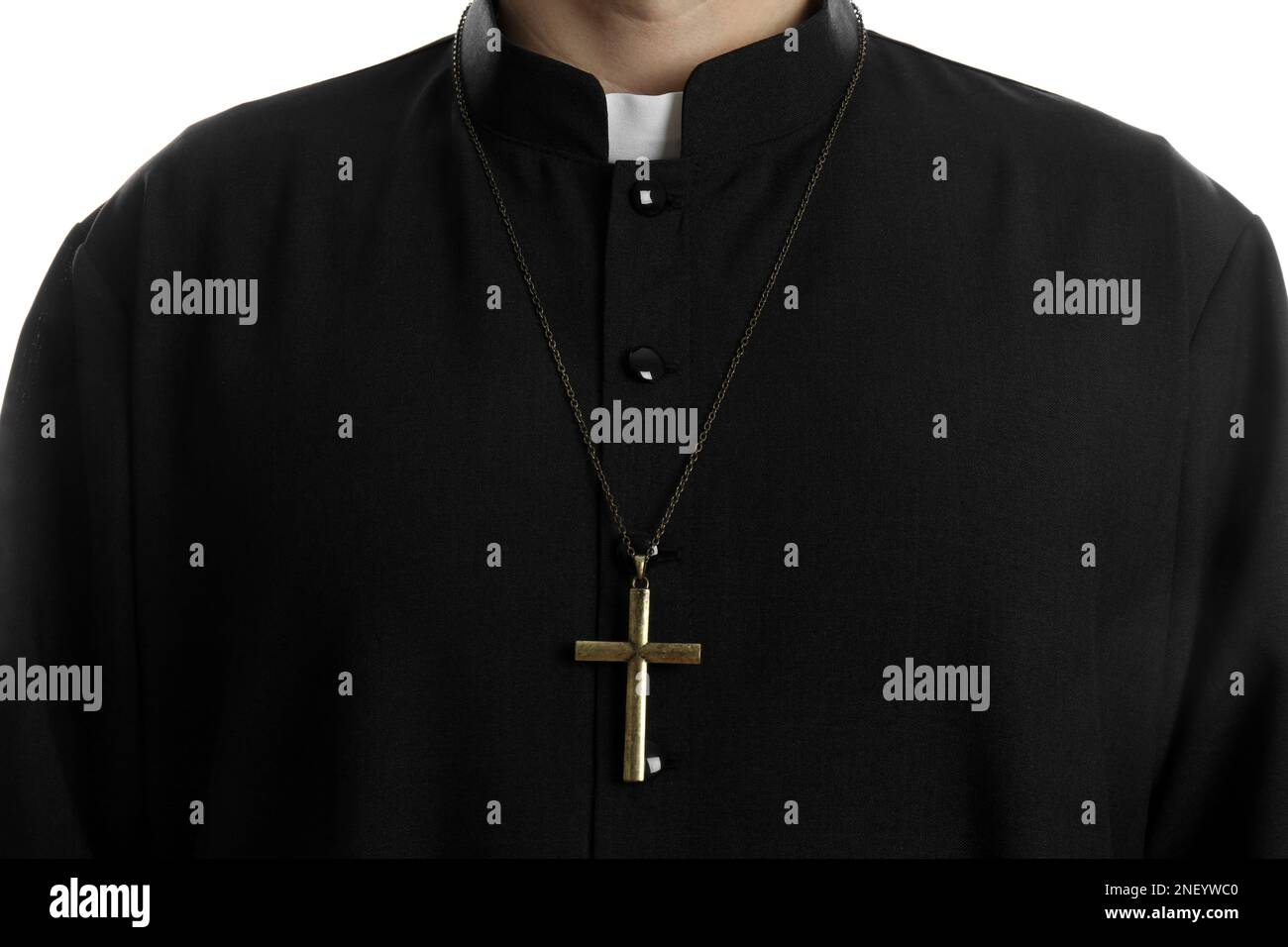 Priest with cross on white background, closeup Stock Photo
