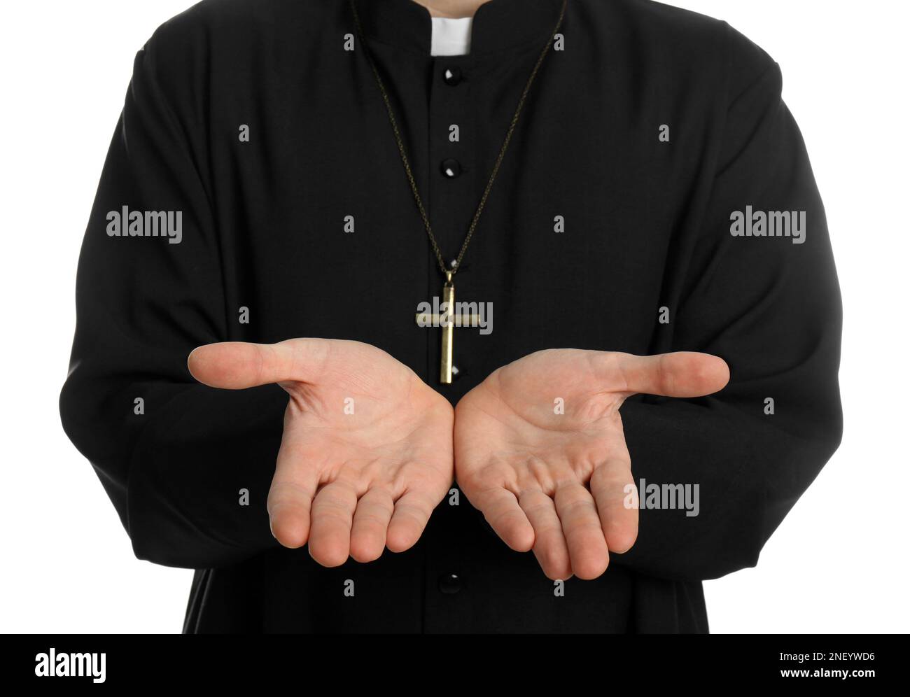 Priest reaching out his hands on white background, closeup Stock Photo