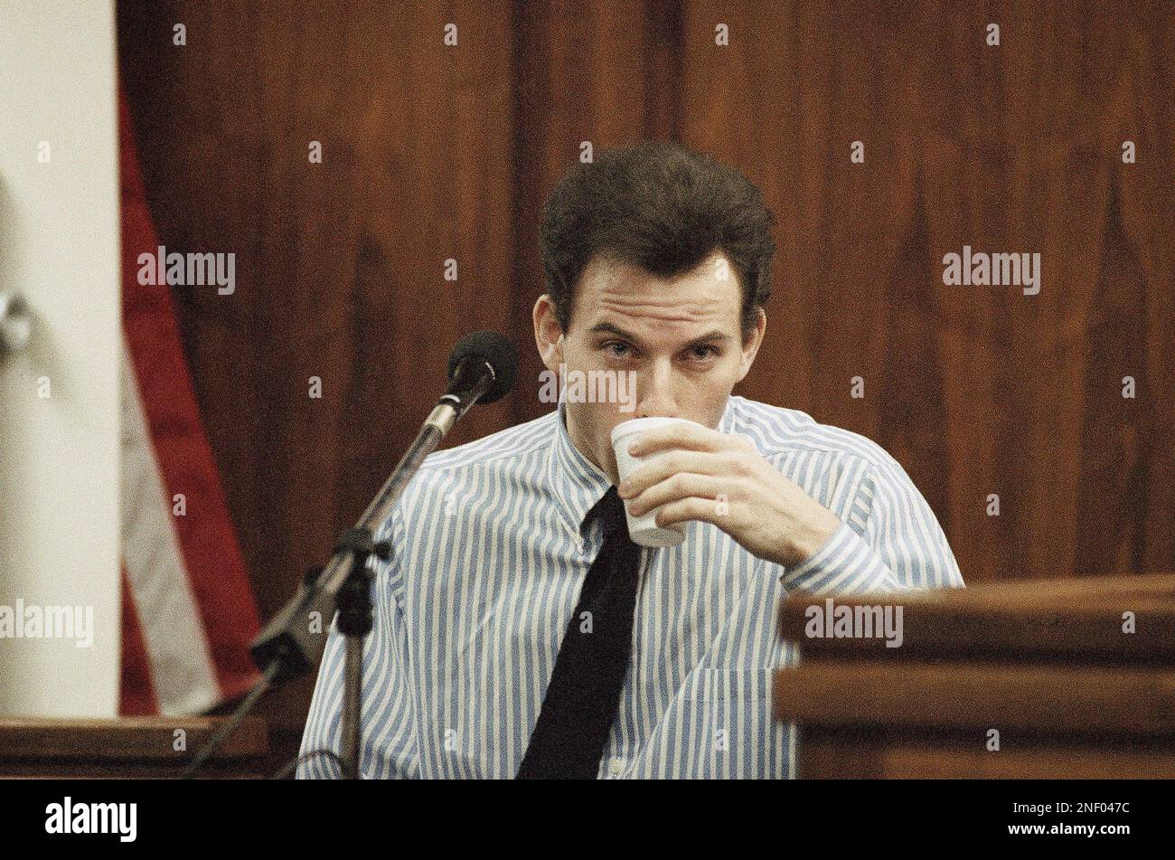 Erik Menendez takes a break during lengthy testimony in Van Nuys