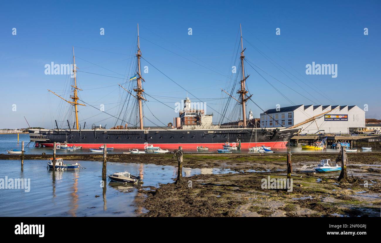 museum ship HMS Warrior at Portsmouth Historic Dockyard was the first steam-powered armoured frigate of the Royal Navy, Hampshire, South East England Stock Photo