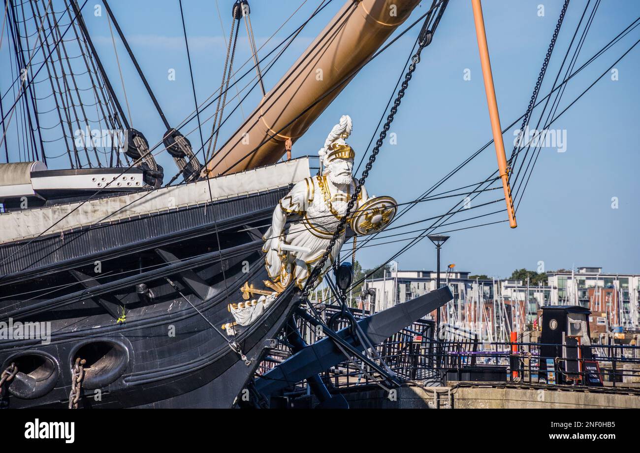 classical armed soldier figurehead of museum ship HMS Warrior at Portsmouth Historic Dockyard, Hampshire, South East England Stock Photo