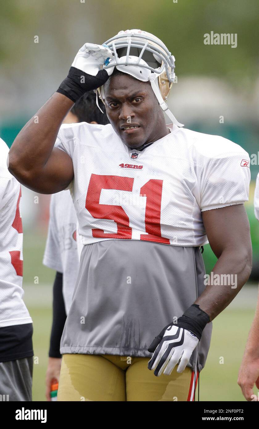 San Francisco 49ers linebacker Takeo Spikes watches practice