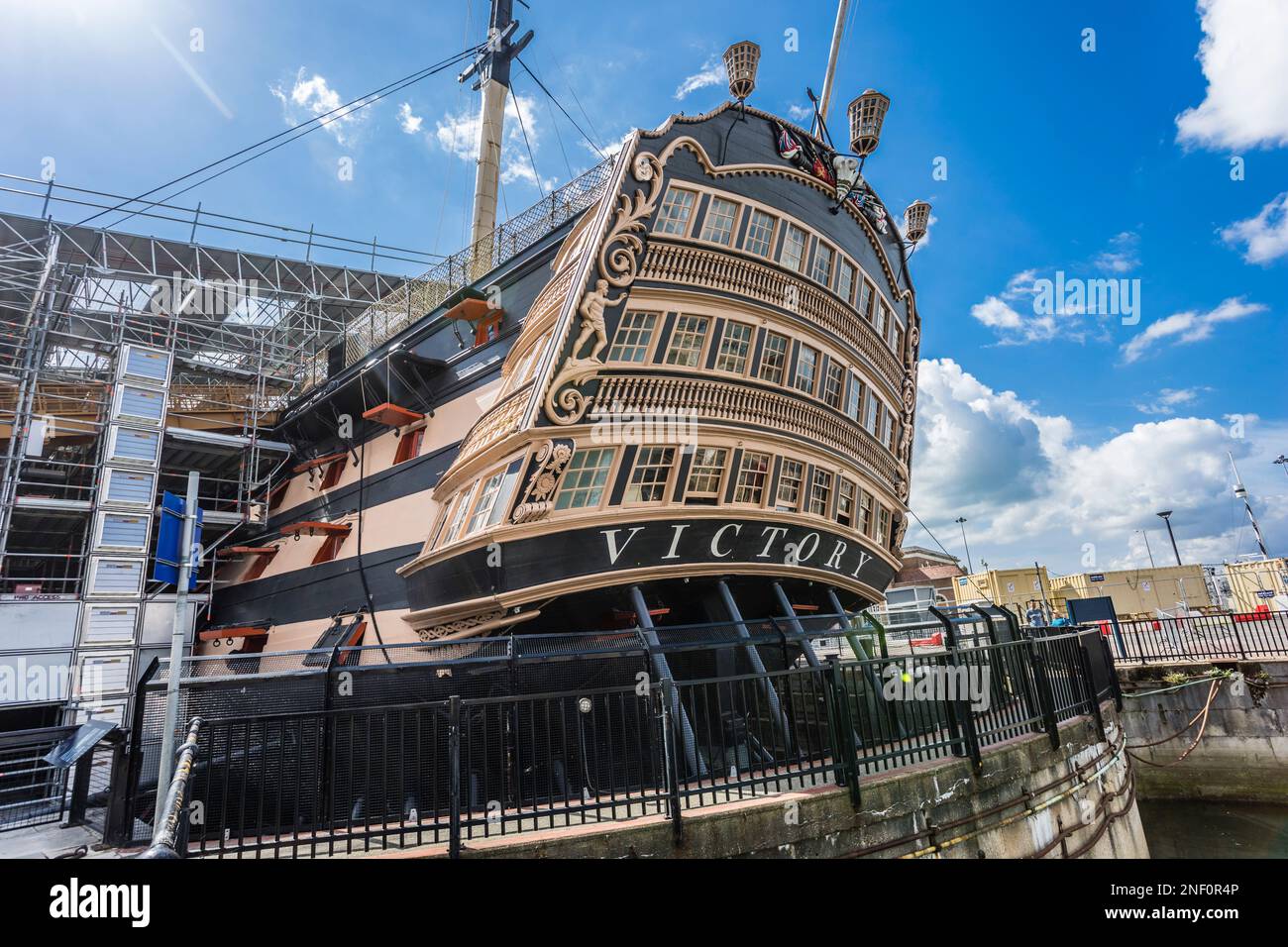 stern gallery of HMS Victory, museum ship at at Portsmouth Historic Dockyard, Hampshire, South East England Stock Photo