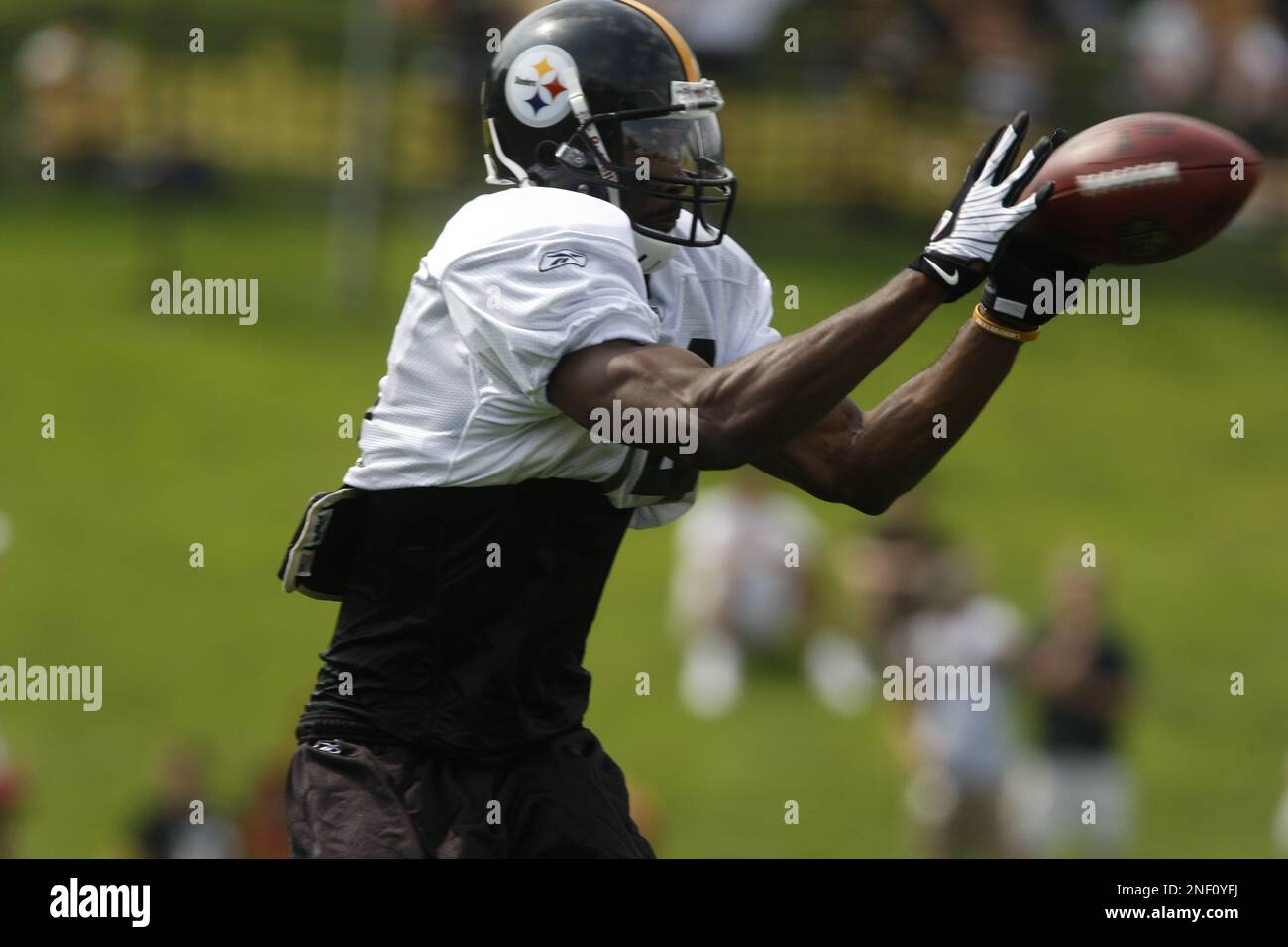 Pittsburgh Steelers helmets on the field at their NFL football training camp  in Latrobe, Pa., Saturday, Aug. 1, 2009. (AP Photo/Keith Srakocic Stock  Photo - Alamy