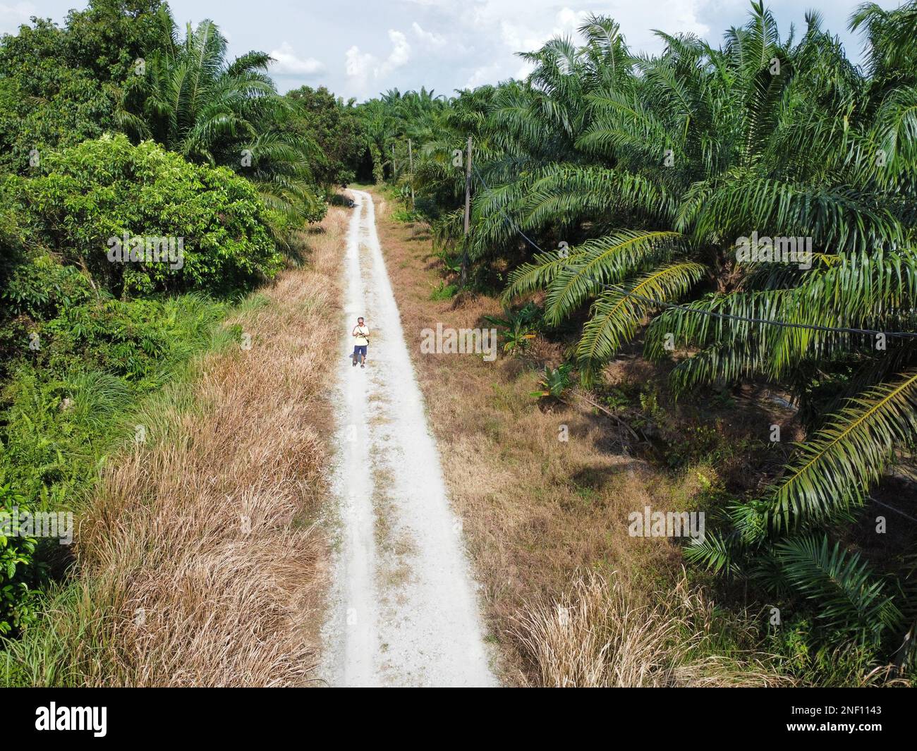aerial shoot of the distance unrecognizable man walking alone on the ...