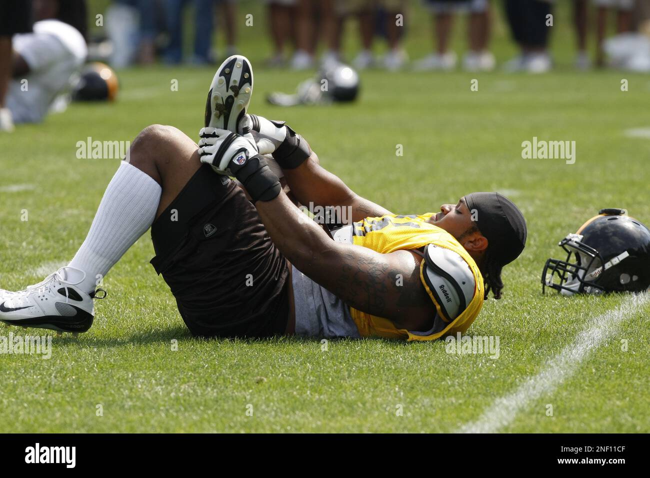 Pittsburgh Steelers helmets on the field at their NFL football training camp  in Latrobe, Pa., Saturday, Aug. 1, 2009. (AP Photo/Keith Srakocic Stock  Photo - Alamy