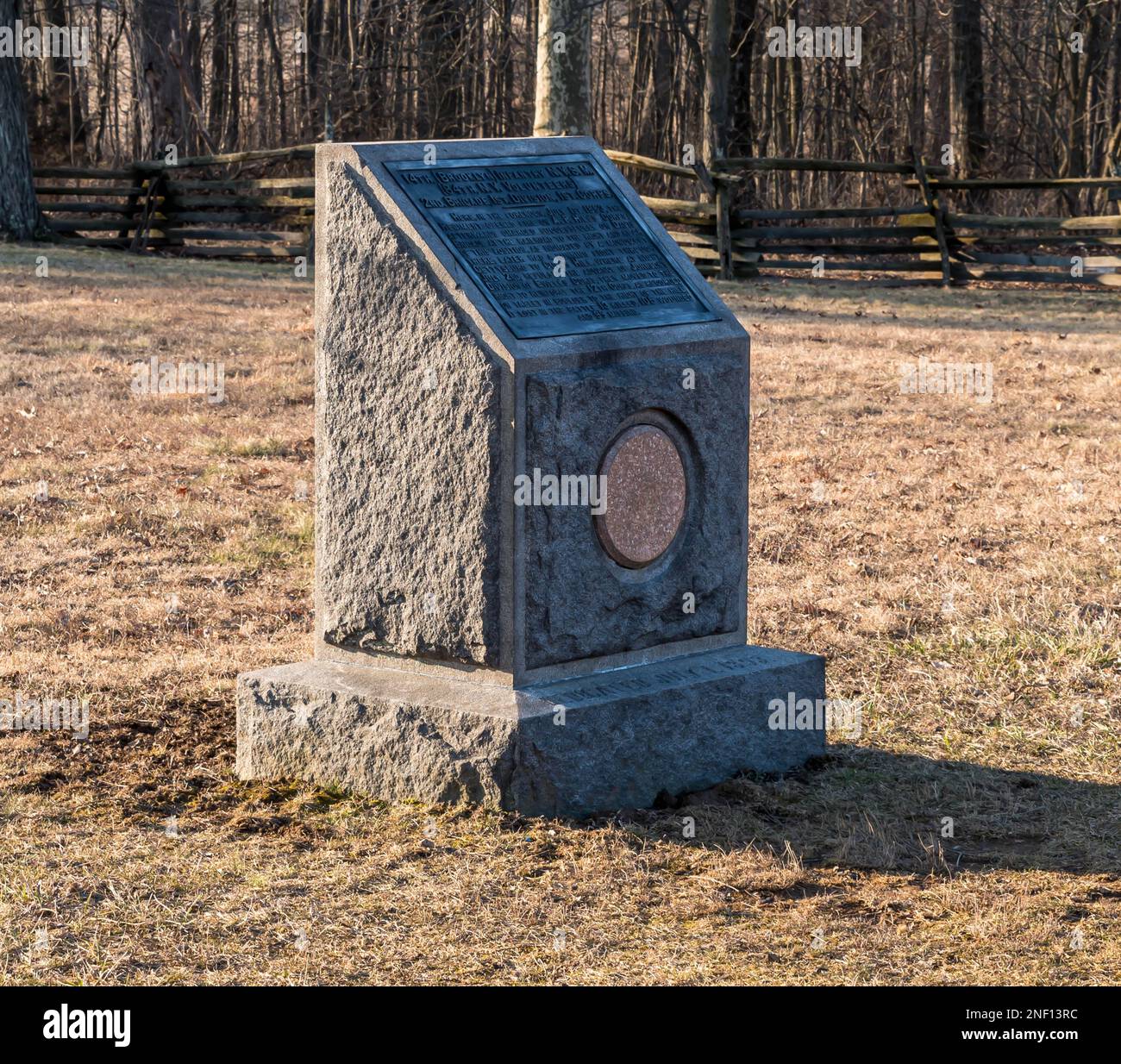 The position marker for the 14th Brooklyn of the New York State Militia on Stone Avenue in the Gettysburg National Military Park Stock Photo