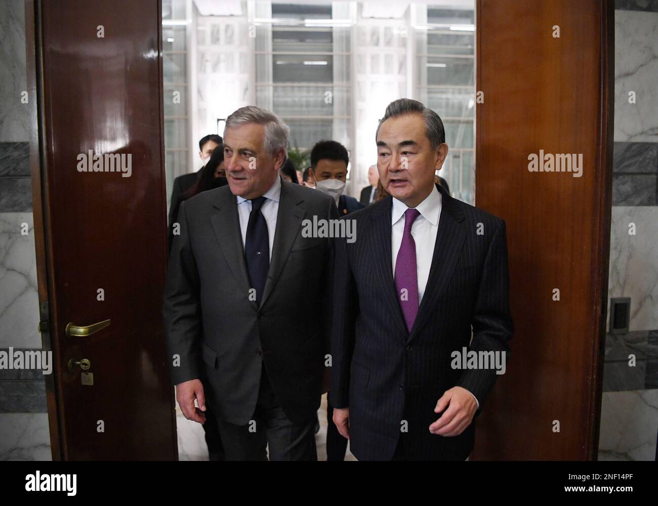 Rome, Italy. 16th Feb, 2023. Wang Yi (R), a member of the Political Bureau of the Communist Party of China (CPC) Central Committee and director of the Office of the Foreign Affairs Commission of the CPC Central Committee, meets with Italian Deputy Prime Minister and Minister of Foreign Affairs Antonio Tajani in Rome, Italy, on Feb. 16, 2023. Credit: Jin Mamengni/Xinhua/Alamy Live News Stock Photo