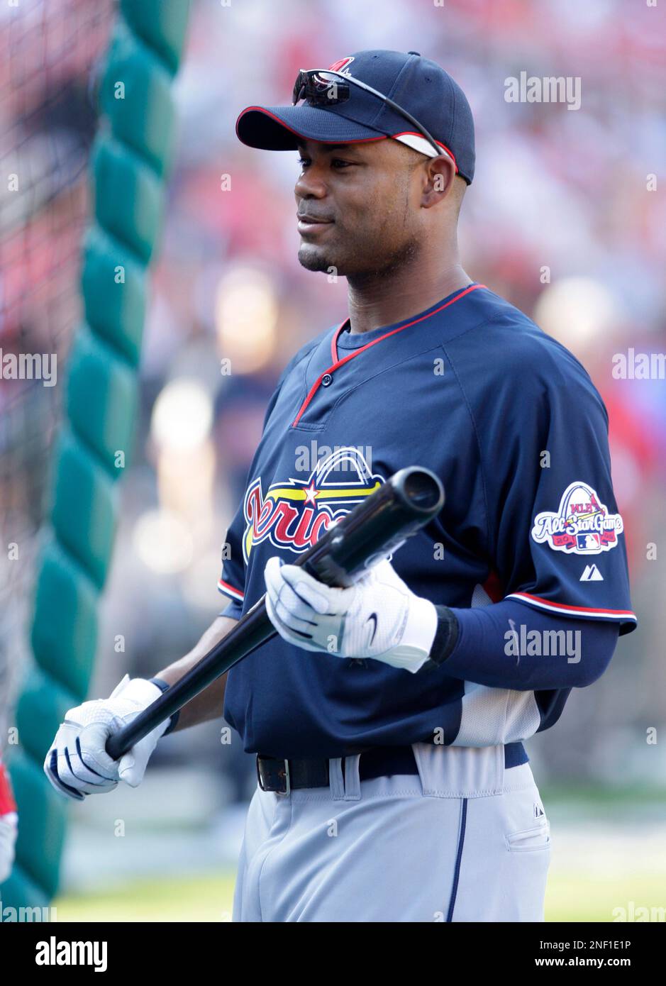 American League's Carl Crawford of the Tampa Bay Rays is seen during  batting practice for the MLB All-Star baseball game in St. Louis, Monday,  July 13, 2009. (AP Photo/Charlie Riedel Stock Photo 