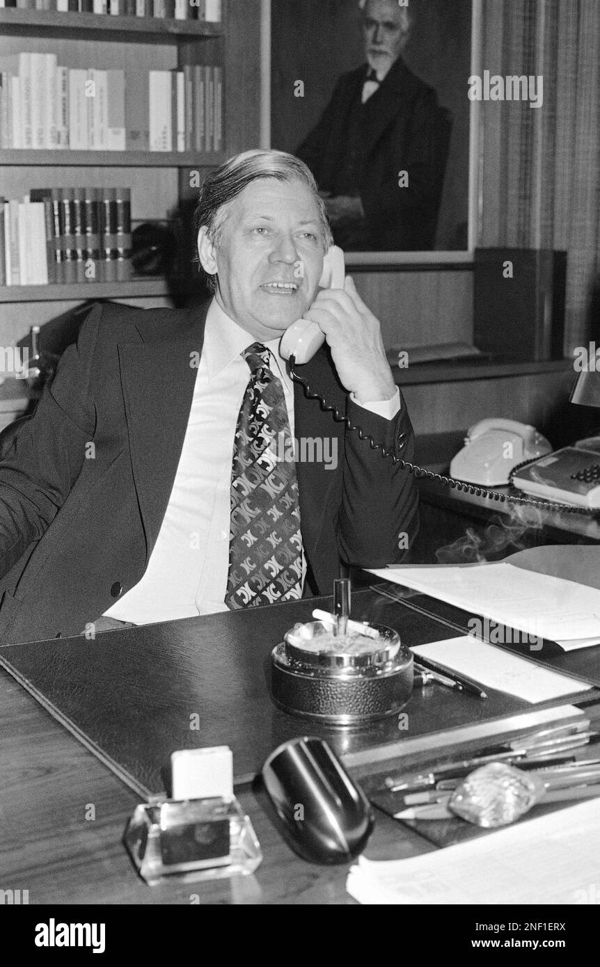 West German Chancellor Helmut Schmidt is shown at the beginning of phone call with President