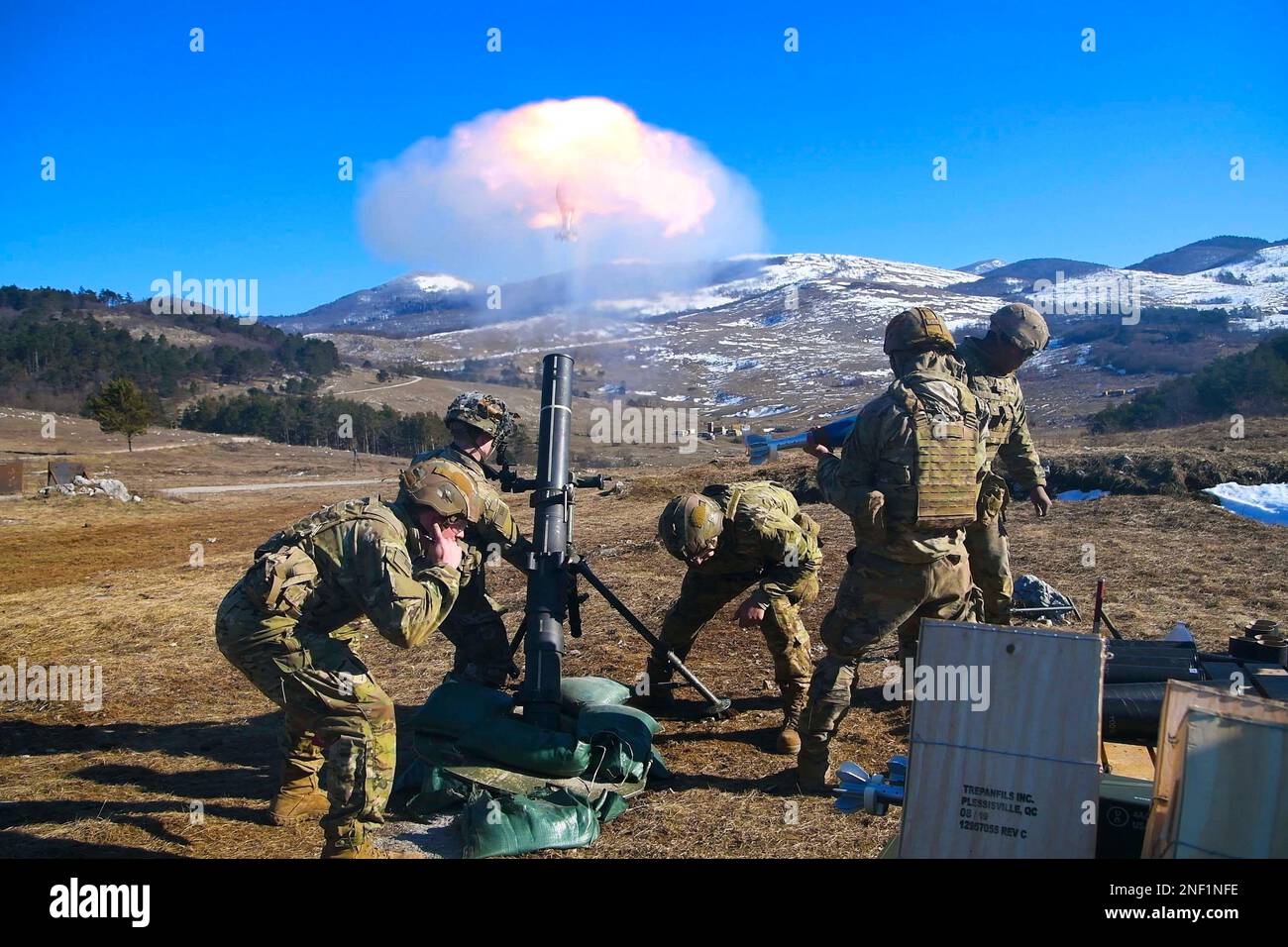 Postojna, Slovenia. 7th Feb, 2023. U.S. Army Paratroopers assigned to 2nd Battalion, 503rd Infantry Regiment, 173rd Airborne Brigade, fire an M120 120 mm mortar system during Exercise Thunder Mortar Gunnery at Pocek Range in Slovenia, February. 7, 2023. The 173rd Airborne Brigade is the U.S. Army Contingency Response Force in Europe, capable of projecting ready forces anywhere in the U.S. European, Africa or Central Commands' areas of responsibility. Credit: U.S. Army/ZUMA Press Wire Service/ZUMAPRESS.com/Alamy Live News Stock Photo