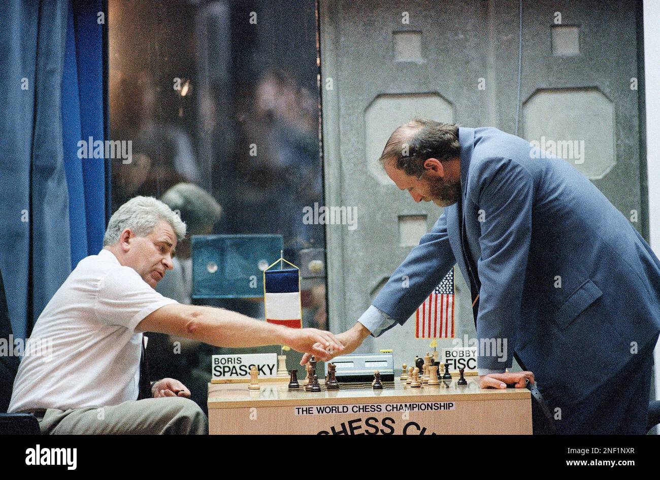 Boris Spassky, left and Bobby Fischer analyze their match in Sveti